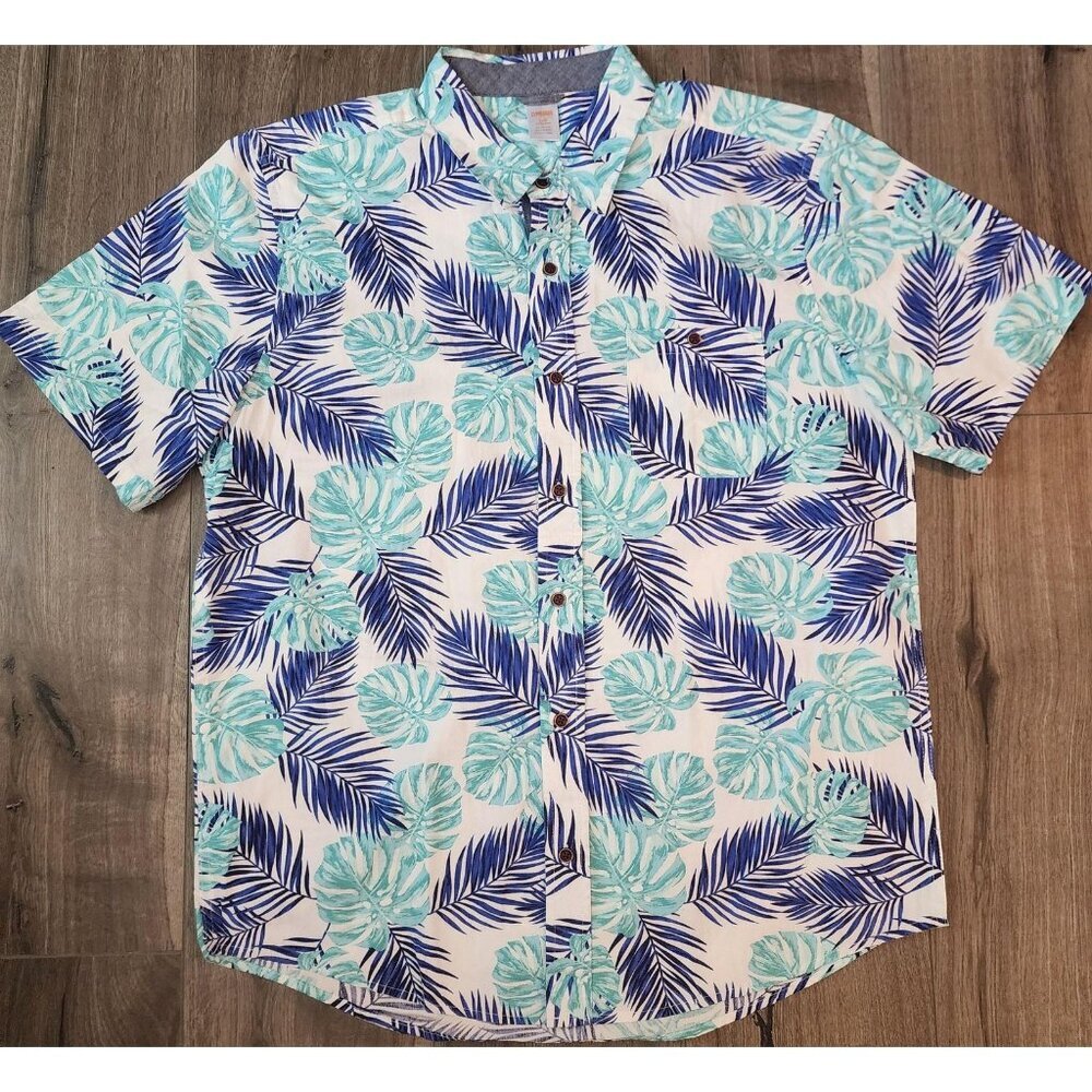Gymboree Shirt Mens Large Blue White Leaf Print Hawaiian Button Up Pocket Cotton